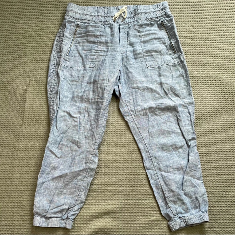 Athleta Cabo Linen Jogger Pants 12P 12 Petite Womens Blue Beach Coastal